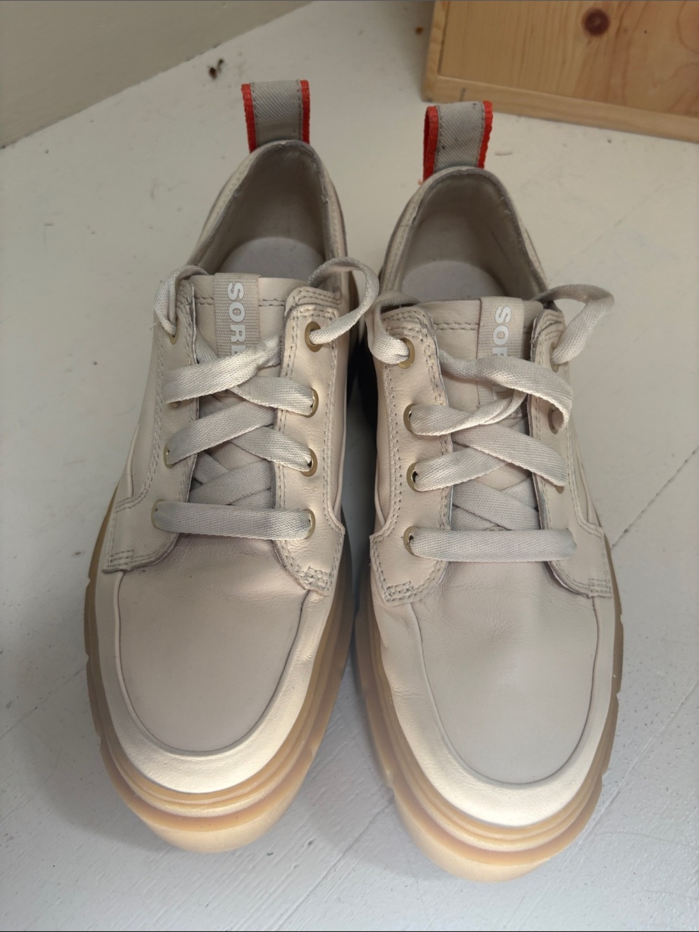Sorel Caribou X Waterproof Cream Leather Sneakers with Orange Pull Tabs